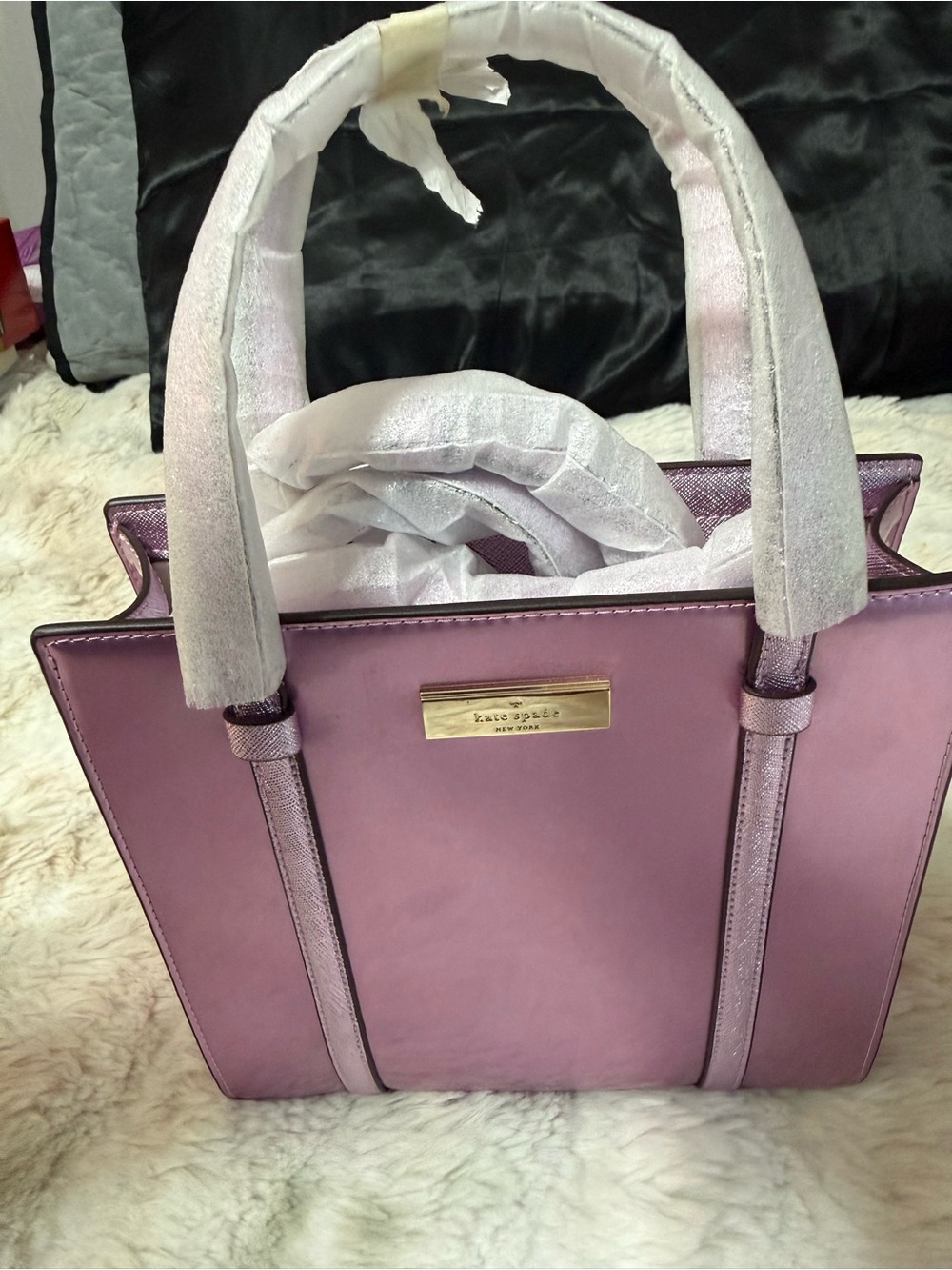 kate spade lavender pink leather tote with gold plaque